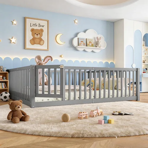 Miniatura 17 de Bellemave Cama de suelo Queen para niños, marco de cama Montessori con barandillas y puerta en forma de valla, cama Queen de madera para niños, Gris