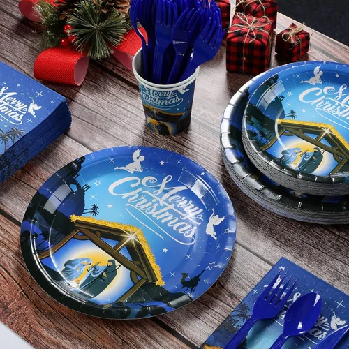 Miniatura 3 de Suministros para fiestas de Navidad, juego de platos y servilletas de Navidad, platos de papel desechables de Jesús para la noche santa de Jesús