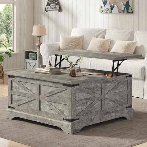 Miniatura 12 de Furnideco - Mesa de centro de granja con superficie elevable, mesa central cuadrada de madera con gran compartimento de almacenamiento oculto