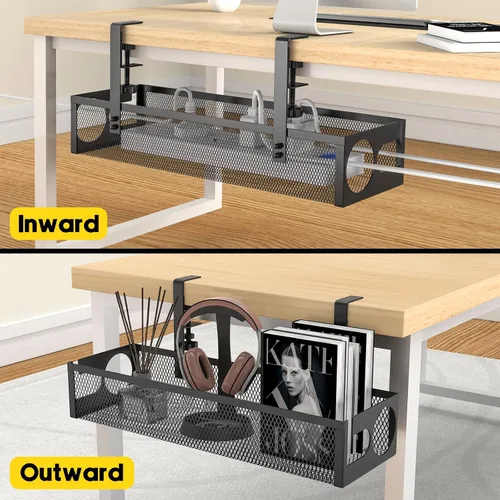 Miniatura 7 de Bandeja de organización de cables para debajo del escritorio, sin taladro, 15.1 pulgadas, caja de organización de cables de malla metálica con Negro