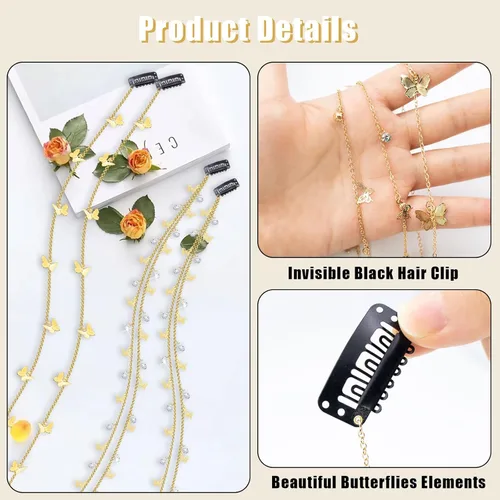 Miniatura 3 de 4 cadenas trenzadas de cabello de mariposas, joyas para el cabello con diamantes de imitación, pinzas para el cabello de mariposas, accesorios
