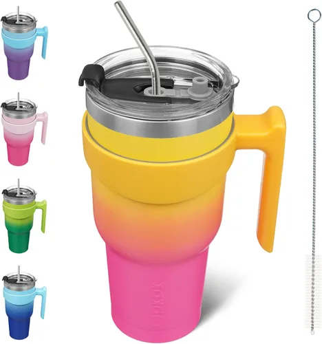 Miniatura 43 de BJPKPK Vaso con asa de acero inoxidable de 20 onzas, con aislamiento de doble pared, con tapa y pajita, color rosa claro A-rosa claro