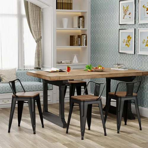 Miniatura 7 de HAOBO Home Taburetes de bar industriales de metal, taburetes de bar con respaldo bajo con asiento de madera [juego de 4] sillas de comedor de 18