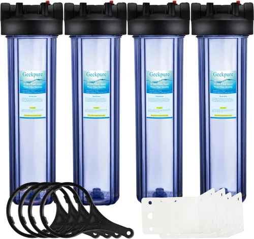 Geekpure Carcasa transparente de filtro de agua para toda la casa de 20 pulgadas con soporte de llave de 4.5 x 20 pulgadas, puerto de latón NPT de 1