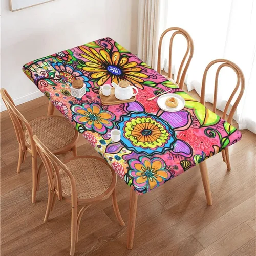 Miniatura 13 de Fiokroo Mantel de Flores de Crisantemo Azul, Amarillo y Azul Marino con Borde Elástico, Mantel Redondo Lavable y Reutilizable Cubierta de Mesa