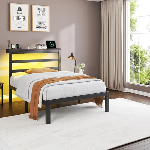 Miniatura 3 de E-Motie Marco de cama tamaño doble con cabecera de almacenamiento, plataforma industrial con estación de carga y luces LED, espacio