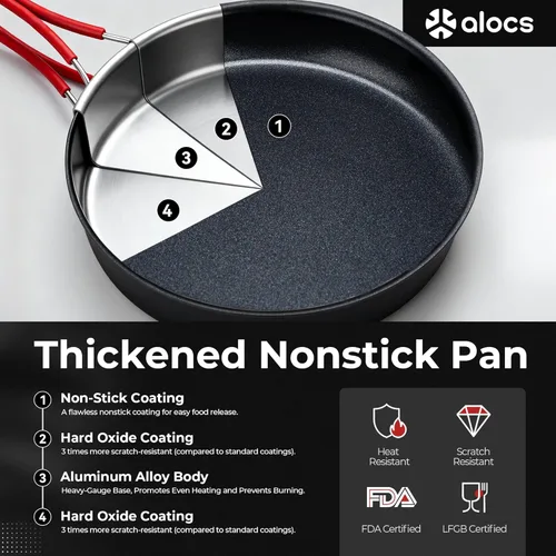 Miniatura 2 de Alocs Camping Cookware Set Camping Gear, Compact Camping Pots and Pans Set, Durable Hard Alumina Camping Cooking Set for Outdoor Backpacking Camping