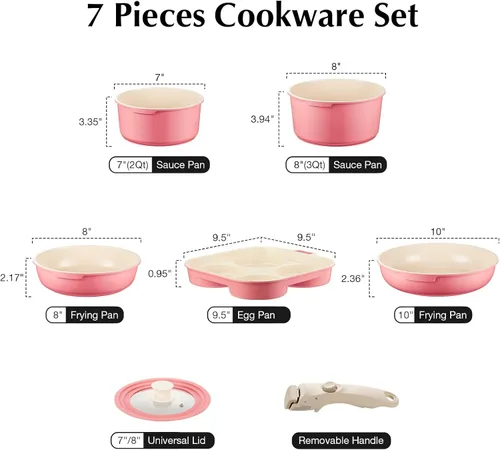 Miniatura 2 de Juego de ollas y sartenes de cerámica antiadherente, juego de 7 piezas de utensilios de cocina antiadherentes con mango desmontable, juego de Rosa