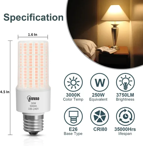 Miniatura 2 de RIUVAO Bombilla LED de maíz, equivalente a 250 W, bombillas LED 30 W, 3750 lúmenes, súper brillante, 3000 K, luz blanca cálida