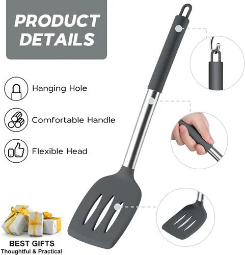 Miniatura 4 de Onader Juego de Utensilios de Cocina de 15, Utensilios de Silicona y Acero Inoxidable Juego de Espátulas con Soporte, Resistente al Calor y Apto Gris