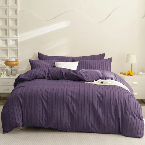 Miniatura 3 de JELLYMONI Funda de edredón tamaño individual morado - Juego de 3 piezas de funda de edredón bohemia a rayas de poliéster con textura copetuda Rayas