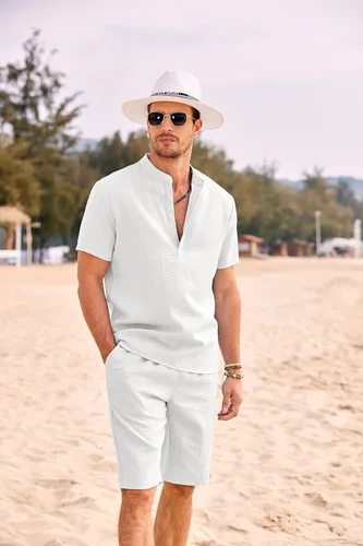 Miniatura 8 de COOFANDY Conjunto de 2 piezas de lino para hombre, camisas Henley casuales de manga corta, pantalones cortos de yoga para la playa, pantalones