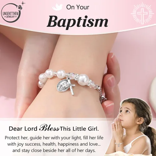 Miniatura 2 de UNGENT THEM Pulsera de perlas con cruz de rosario, bautismo, comunión, confirmación católica, regalos de Pascua para niñas, nieta, hija, sobrina