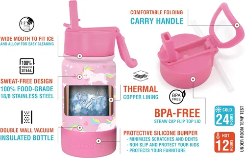 Miniatura 3 de CHILLOUT LIFE Botella de agua aislada para niños de 12 onzas para la escuela con tapa con pajilla, a prueba de fugas y bonitas calcomanías Unicornio