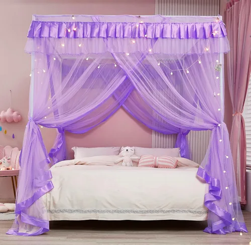 Miniatura 3 de Mengersi Cortinas de cama con dosel tamaño Queen – Cortinas de dosel de cama – Toldo de 4 aperturas para cama – Lindo regalo de decoración de Morado