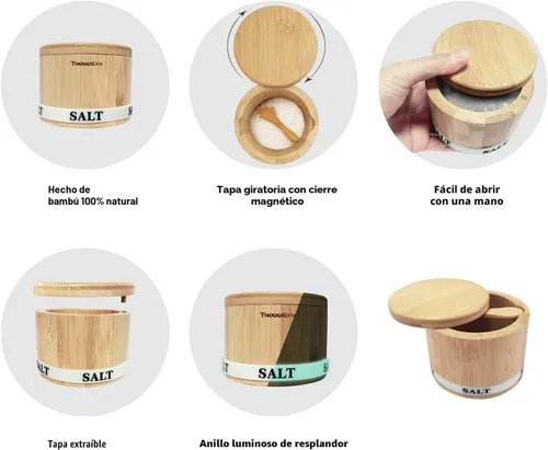 Miniatura 4 de ThougrLyh Caja de sal de bambú con tapa giratoria con imán para abrir y sellar fácilmente la bodega de sal con cuchara para almacenar sal, pimienta