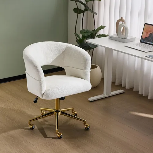 VINGLI Silla Moderna Curvada de Oficina y Tocador, Bonita Silla Tapizada con Tachuelas con Ruedas y Giro de 360° y Inclinación y Base Dorada, para