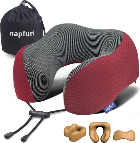 Miniatura 8 de NapFun - Almohada de cuello para viajes, mejorada para viajar por avión 100% espuma viscoelástica para dormir y descansar durante los vuelos, Gris