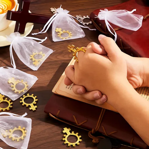 Miniatura 4 de Landical Conjunto de Recuerdos de Bautismo Anillos de Rosario Religiosos para Dedos a Granel Cruz Pequeña de Bolsillo Oración Anillos Católicos