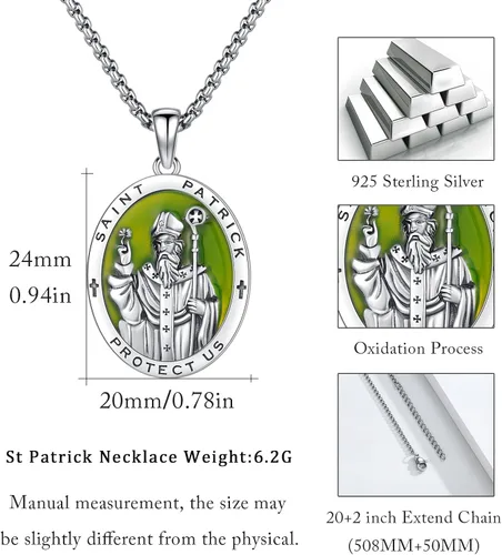 Miniatura 5 de XIXLES Saint Patrick Necklace for Men 925 Sterling Silver St Patrick Necklace Catholic St Patrick Medal Medallion Pendant Necklaces Amulet