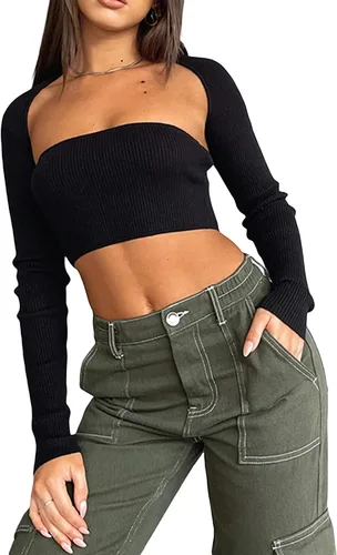 Blusa corta de manga larga para mujer, cuello cuadrado, blusa corta sexy de corte bajo, estilo Y2K, ropa urbana de moda