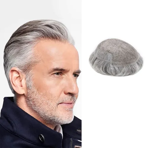 Miniatura 51 de Tupé de encaje suizo para hombres, piezas de cabello humano real, encaje frontal, sistema de reemplazo de cabello tipo tupé, nudo blanqueado, línea
