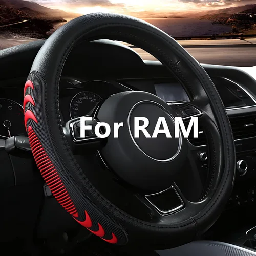 Miniatura 9 de Yangday Funda de volante de cuero para Dodge Ram 1500 2500 3500, Funda de volante de coche de 15.5-16 pulgadas con partícula antideslizante de Negro