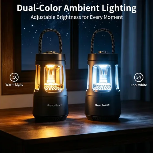 Miniatura 6 de Revonext - Linterna de campamento con altavoz Bluetooth, altavoz inalámbrico impermeable para exteriores con luz ambiental de doble color, altavoz
