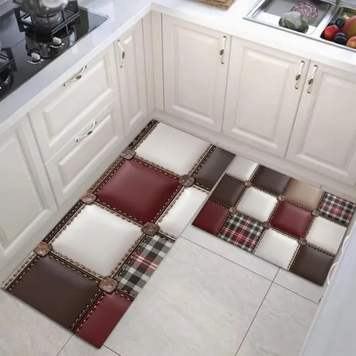 Miniatura 4 de Reddish Brown Kitchen Rugs, 3D Leather Patchwork Non Skid Washable Comfort Mats for Floor, Anti Fatigue Kitchen Cushioned Runner Rug Retro Plaid