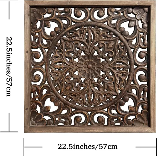 Miniatura 2 de XIAOAIKA Escultura de pared de madera tallada bohemia, intrincado diseño floral de mandala con acabado marrón envejecido, panel de arte de pared