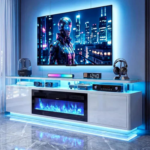 Miniatura 12 de oneinmil 70" Fireplace TV Stand for Living Room, Electric Fireplace Entertainment Center with Dual LED Lights & Storage Cabinets, Fits TVs up to