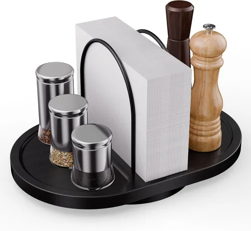 Miniatura 8 de Servilletero para mesa, dispensador giratorio con salero y pimentero, soporte de bambú, almacenamiento rústico de servilletas de metal para mesa
