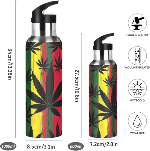 Miniatura 2 de BPA-Free Sports Water Bottle with Straw 20 Oz, Stainless Steel Water Bottle for Gym Outdoor Travel School, Black Leaves Colorful Stripes