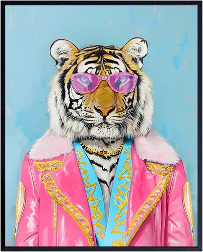 Arte pop lindo de tigre rosa – Decoración ecléctica de pared de animales de la selva – Arte de pared funky de moda de gato grande – Arte de pared de