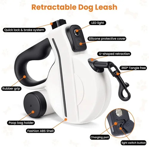 Miniatura 6 de Correa retráctil para perro con luz LED cargada por USB y cinta reflectante, correa flexible de 16 pies para perros grandes, correa para mascotas