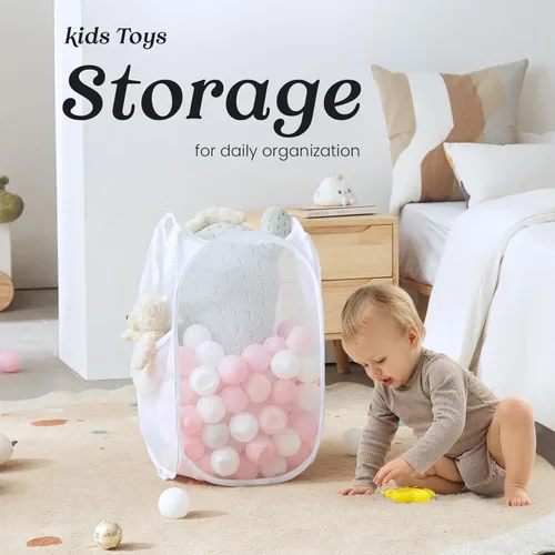 Miniatura 6 de TECHMILLY Cesta plegable de malla para la ropa sucia con asas resistentes y bolsillo lateral, cestas plegables portátiles para ropa para dormitorio