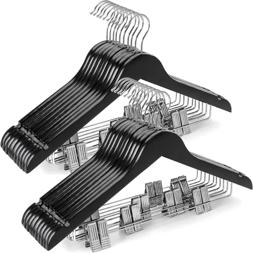 Miniatura 10 de TOPIA HANGER Perchas de madera para trajes con clips de metal ajustables (paquete de 10), perchas de ropa de madera maciza, gancho giratorio