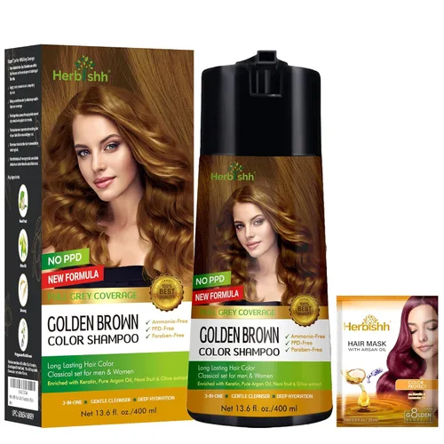 Herbishh - Champú enriquecido con color para cabello gris - Fórmula de tinte para el cabello de larga duración y acondicionador (Marrón dorado)