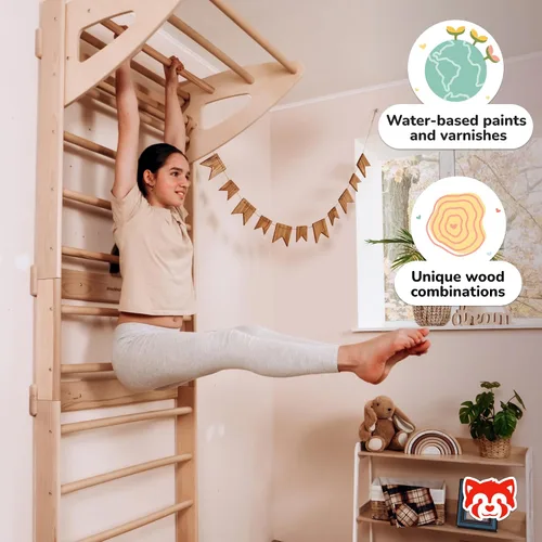 Miniatura 5 de Woodandhearts - Escalera sueca ajustable para juego activo en interiores con escalera de cuerda, anillos de gimnasia, cuerda de columpio y escalada