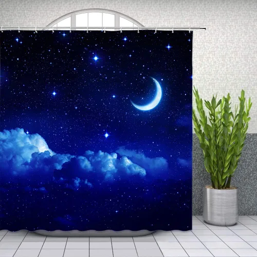 Miniatura 3 de AMFD Cortina de ducha con luna increíble, hermosa fantasía, cielo estrellado, luna brillante, azul, azul marino, negro, cortinas de baño, decoración