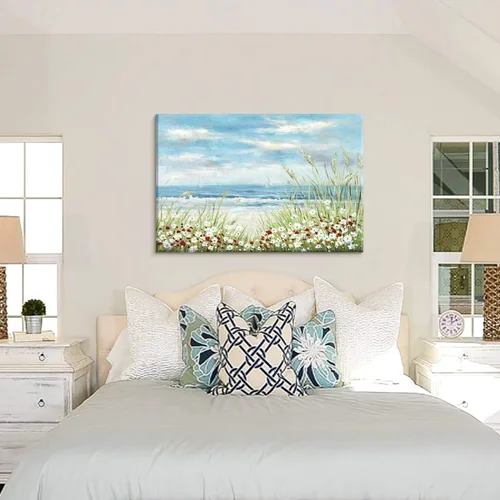Miniatura 7 de UTOP-art Arte de Pared de Pintura Abstracta de Flores Silvestres: Flores en la Playa con Olas del Océano, Paisaje Marino, Obra de Arte en Lienzo