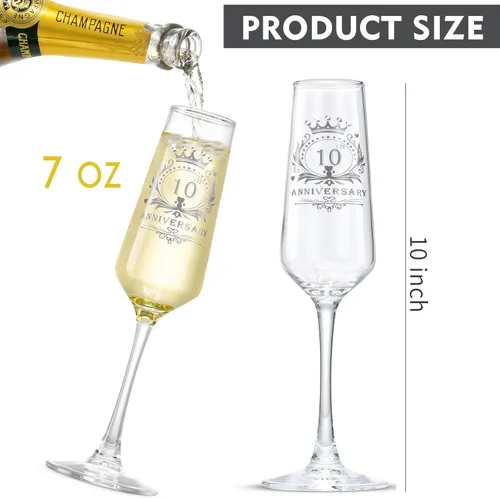 Miniatura 7 de ROXBURGH Juego de 2 copas de champán con diamantes de imitación tachonados, decoraciones de 10º aniversario de 7 onzas, copas de champán de cristal