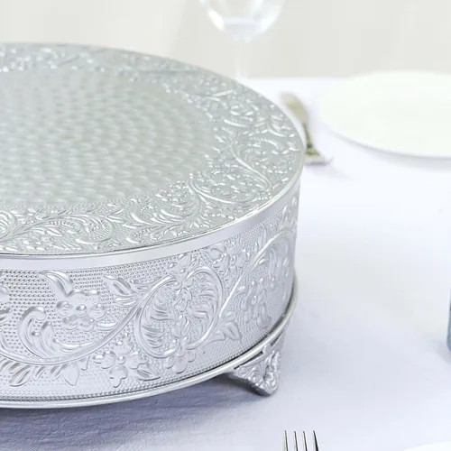 Miniatura 2 de Efavormart Juego de 14 pulgadas de plata redonda con relieve en metal para pasteles, elevador para pasteles, pedestal para postres, plato de Plateado