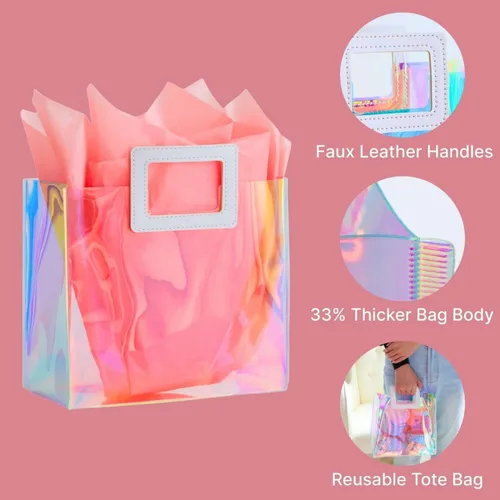 Miniatura 4 de Bolsa de regalo holográfica mediana de 11 pulgadas con papel de seda, bolsa de regalo reutilizable de cumpleaños para mujeres y niñas, iridiscente