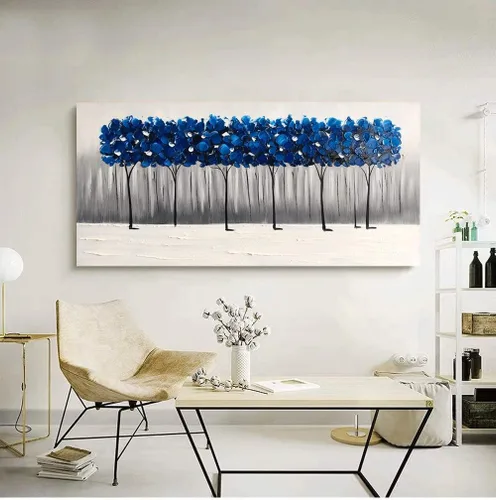 Miniatura 4 de Yihui Arts - Pintura al óleo de árbol azul pintado a mano en lienzo, paisaje moderno abstracto, obra de arte para pared, decoración para sala