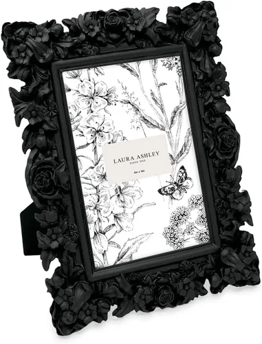 Laura Ashley - Marco de fotos de resina texturizado de 4 x 6 pulgadas, color negro, con caballete, para mesa y pared, con diseño floral decorativo;