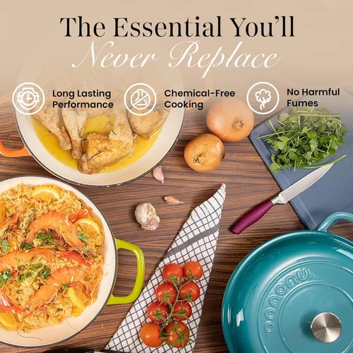 Miniatura 7 de Cacerola poco profunda de hierro fundido con tapa – Olla de horno holandés antiadherente, apta para horno hasta 500° F – Ollas de cocina resistentes