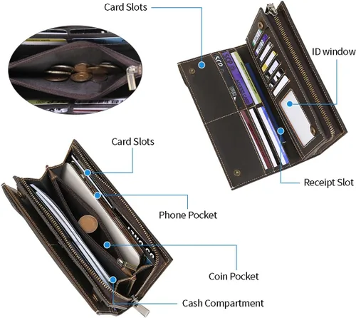 Miniatura 5 de Cartera de cuero de grano completo con bloqueo RFID para hombres con ranuras para tarjetas, bolsillo para monedas, ventana de identificación