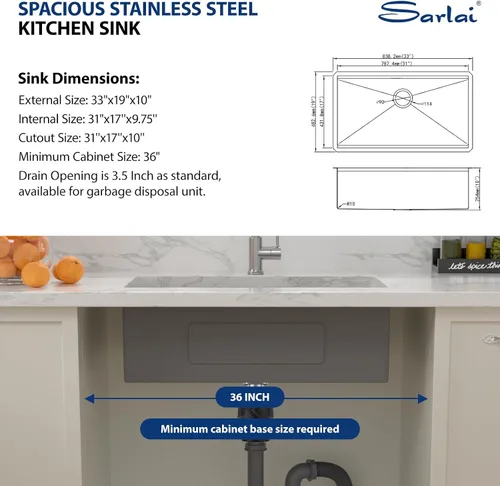 Miniatura 7 de Sarlai 33 Fregadero de Cocina Empotrado - Fregadero de 33 x 19 Pulgadas Bajo Encimera Estación de Trabajo de Profundidad Sencillo Tazón 16 Calibre