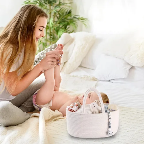 Miniatura 13 de Organizador de pañales para bebé con cuerda de algodón para niña o niño, cesta de almacenamiento portátil para guardería, bolsa de transporte